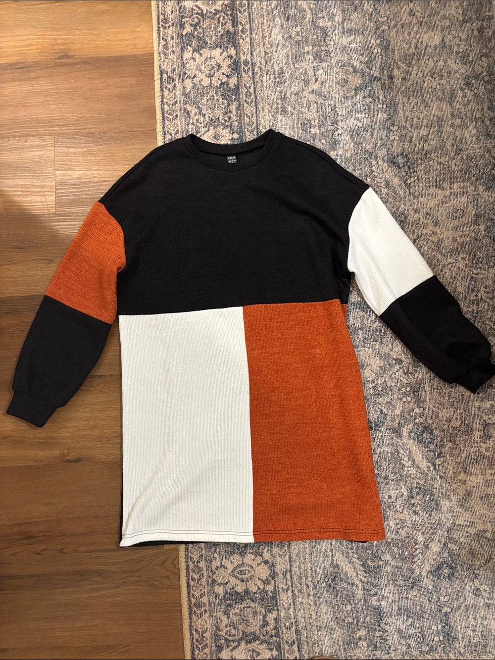 Colorblock Long-Sleeve Sweater Dress - Black, White & Rust